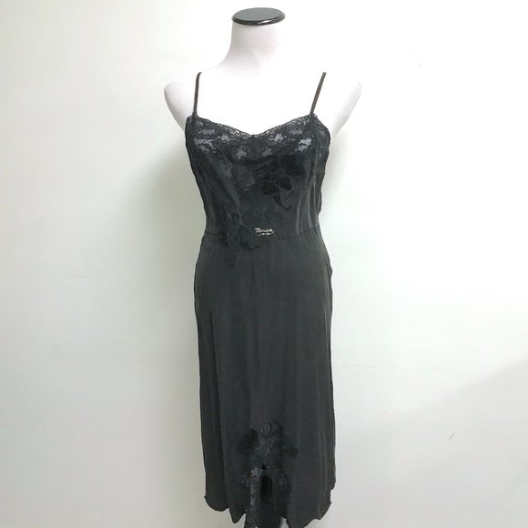 Maxine black lace + velvet silk long slip gown spaghetti straps VINTAGE M midi - Picture 1 of 7